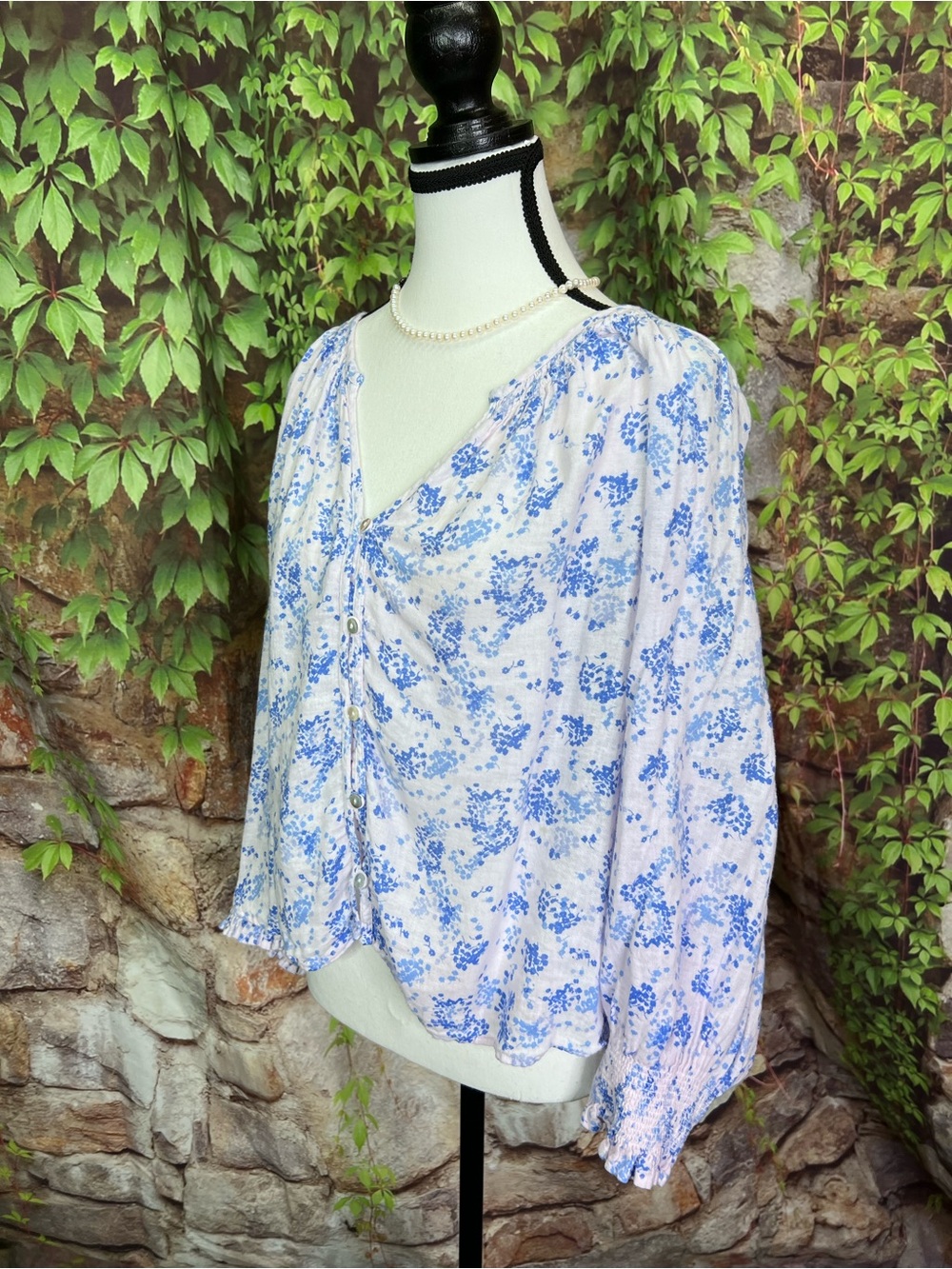 RAILS Blush and Blue Ruffle Cuff Button Front Floral Cottagecore Blouse, XXL - Picture 5 of 12